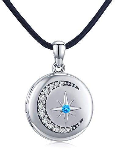 Mond Stern Medaillon Kette 925 Sterling Silber Medaillon Mond und Stern Kette Amulett zum öffnen für Bilder Foto Polarstern Zirkonia Foto Medaillon Kette Amulett Schmuck Geschenk Damen/Mutter/Tochter