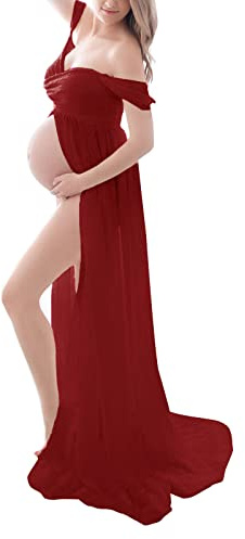DolceTiger Photo Grossesse Robe Shooting Grossesse Robes Maternité Robe de Maternité élégante à épaules Dénudées Grossesse et Maternité Robe de Photographie Avant Ouvert Longue Robe
