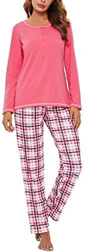 Litherday Pyjama Femme Hiver Ensembles de Pyjama Femme Coton Vêtement de Nuit à Manches Longues Tenue de Nuit à Carreaux Automne et Hiver,B Rose XL