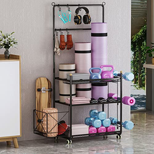 Treesunshine Supporto per manubri, Porta Pesi Palestra Casa per Tappetino Yoga, Porta Bilanciere con ruote e ganci, Porta Dischi Palestra, rack bilanciere per Tappetino Yoga, Manubri,Rullo di Schiuma