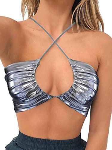 krtwrnt Damen Festival Outfits Rave Crop Top, #Cross-Grey Silver, X-Klein