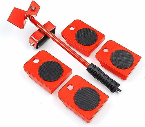 Aggloz Furniture Transport Roller Set - 5 Pieces (4 Rollers + 1 Load Jack), 150 kg Load Capacity Each, Non-Slip Coating, Red, 34cm