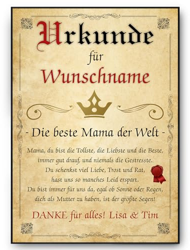 Tigerlino® Beste Mama Urkunde personalisiert Mutter persönliches Geschenk personalisierte Geschenkidee Mama Geburtstag Weihnachten Karte Muttertag