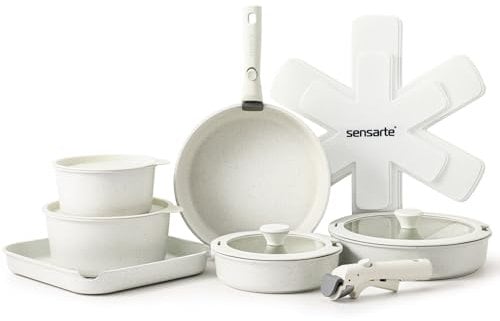 SENSARTE 17 Piece Pots and Pans Set, Nonstick Detachable Handle Cookware, Induction Kitchen Cookware Set with Removable Handle, Healthy Non Stick RV Cookware, Dishwasher & Oven Safe, PFOA Free (White)