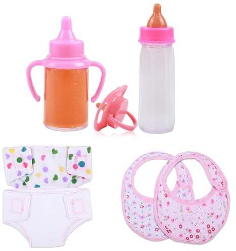 CARANOVO Baby Doll Accessories Set – 7 Pcs Feeding and Caring Set with Magic Disappearing Bottles, Pacifier, Diapers and Bibs Doll Pretend Play Gift for Kids