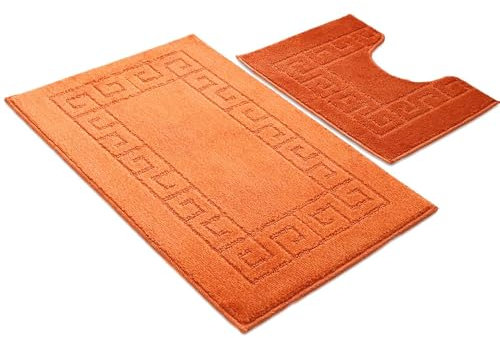 Ambience Products Badematten mit griechischem Schlüsselmuster, rutschfest, weich, waschbar, schnell trocknend, wasserabsorbierend, Badezimmer-Duschmatte und WC-Garnitur (Trecotta)