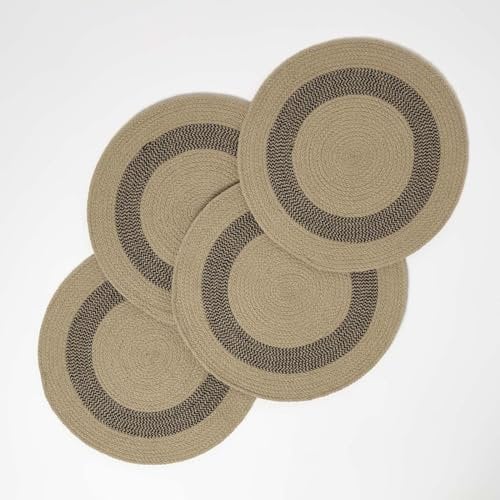 HOMESCAPES 4er-Set Baumwoll-Tischsets rund geflochten 40cm, Platzsets schwarz-natur, Platzdeckchen Naturfaser