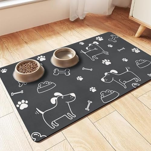 KAZOLEN Dog Food Mat Absorbent Non-Slip: Grey Large Pet Feeding Mat 40x60cm Personalized Rubber Cat Placemat for Water Bowl (Black)