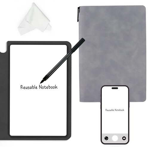 Reusable Whiteboard Notebook, A5 Erasable Smart Notebook, Portable Sketchbook with Wipe Cloth and Writing Pen for Students Kids Teacher