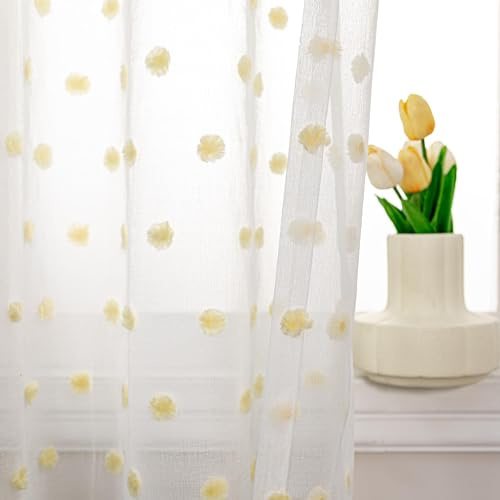 MYSKY HOME Gardine und Vorhänge mit Ösen Weiße Gardinen Wohnzimmer Schlafzimmer Vorhang 2er Set Gardine Halbtransparent Curtains for kinderzimmer, H 260 x B 140 cm, Gelb