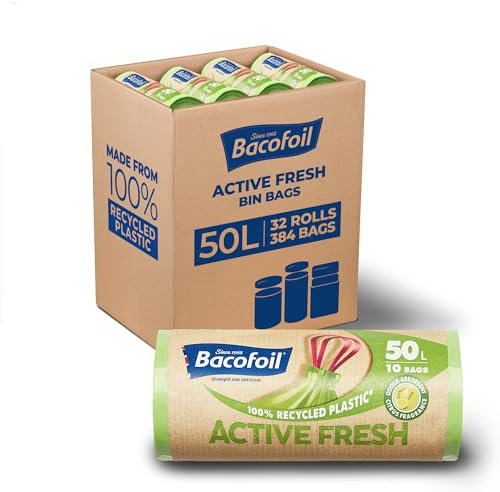 Bacofoil Active Fresh Bin Liners with Drawstring Handles 50L - Leak-Proof Bin Bag with a Citrus Fragrance to Prevent Odours (32 Rolls, 320 Bags)