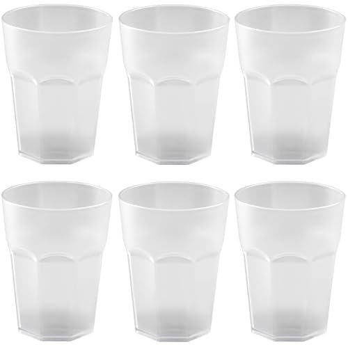 Engelland - 6 x Plastikbecher, Trinkbecher, Weiß, Cocktailbecher, 400 ml, mit Eichstrich, stapelbar, Mehrweg, Kunststoff, Frostoptik, wiederverwendbar, Party-Becher, Trink-Glas