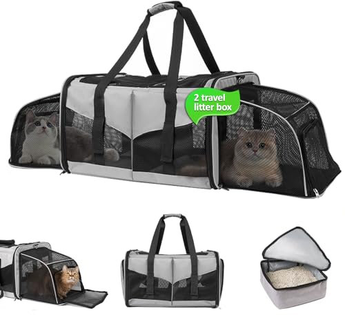 Cat Carrier with Litter Box - INRLKIT Cat Carrier for 2 Cats, Portable 2-in-1 Double Cat Travel Carrier Bag for Traveling, Expandable Pet Carrier for Car, Portable Travel Litter Box for Cats (Grey)