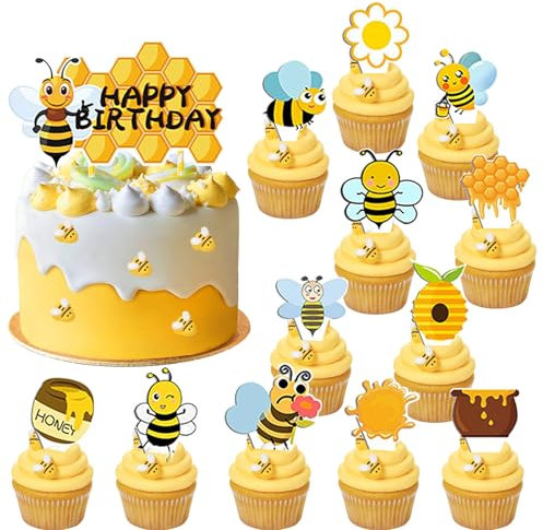 Silars Tortendeko Geburtstag Biene Tortenaufleger Bienen, 1+12 Thema Kuchendeko Biene Happy Birthday Cake Topper, Bienen Kuchen Topper für Tischdekoration für Bienen Thema Geburtstagsparty
