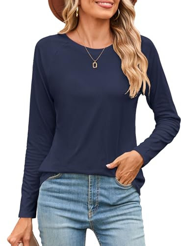 Beluring Basic Langarmshirt Damen Raglan Shirt Lässig Rundhals Tunika T Shirt Marineblau L