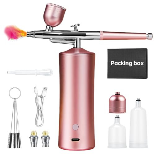Juego De Aerógrafo, Kit De Aerógrafo, Mini Aerógrafo Set, Portátil Con Compresor Aerógrafo Recargable Para Uñas, Pintura De Modelos, Pasteles, Maquillaje Tatuajes Y Pintura Facial (Rosa)