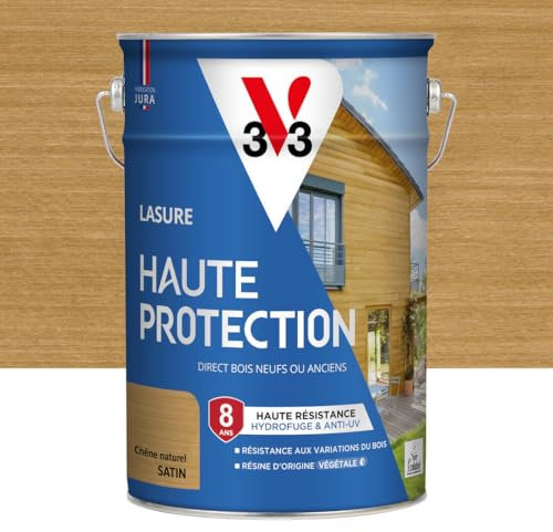 V33 Lasure Bois extérieur Chêne naturel satin - Haute Protection 8 ans - Haute résistance hydrofuge et anti-UV - Résiste aux variations du bois - Ecolabel, résine d'origine végétale - 5L