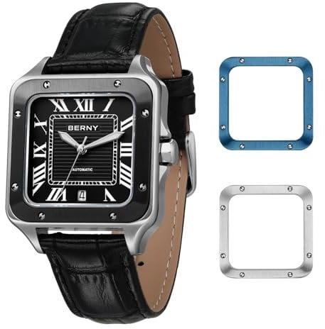 BERNY Automatische Uhr für Männer Quadratische Uhren Saphirlinse AR Beschichtung Mechanische Uhren 10ATM wasserdichte Männer Analoge Armbanduhr Vintage Männeruhr mit 2 austauschbarer Lünette