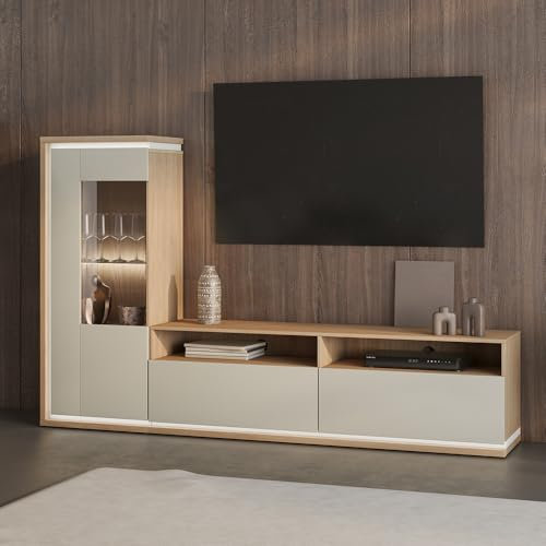 Wohnwand Wohnmöbel Eiche Kaschmir 2-teilig Modern, 1 Vitrine, 1 Lowboard inkl. Beleuchtung