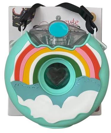 equlup Donut-Wasserflasche, 380 ml, Cartoon-Donut-Flasche, auslaufsicher, niedlicher Wasserbecher, tragbare Donut-Flasche mit Riemen für die Reiseschule (Blauer Regenbogen)