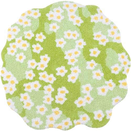 Moos -Teppich 39,4x39,4 Zoll unregelmäßiger weicher Bad Grüne Teppich süß mit kleinen weißen Blüten Nicht -Slip Moos Teppich Waschbar Blumenteppich für Schlafzimmer Wohnzimmer Wohnzimmerdekor, S
