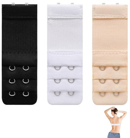 3 Pieces Bra Extenders, 3 Hooks×3 Rows Bra Strap Extension, Comfortable Stretchy Bra Extender Strap for Women, Stainless Steel Hook, 3 Colors (Black, White, Skin)