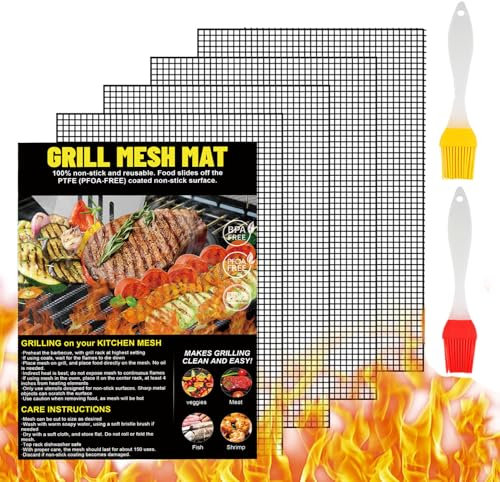 4Pcs 40x33cm Tapis de Cuisson BBQ, Tapis Grille BBQ Reutilisable, Tapis de Grille Barbecue, Anti-Adhésif Tapi Barbecue, 2pcs BBQ Brosse, pour Barbecue à Gaz, Charbon ou Electriques, Charbon de Bois