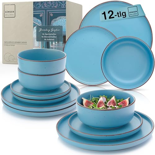 SÄNGER Bombay Saphir | Geschirrset 12 teilig, Steingut Geschirr 4 Personen, 4x Speiseteller 4x Dessertteller 4x Schalen, Teller Set modern | VALUE COLLECTION