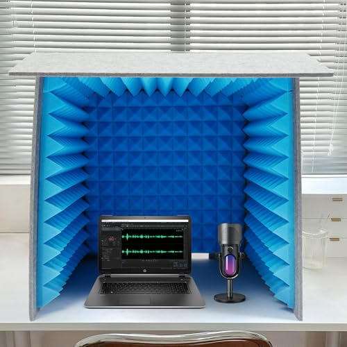 Etrhdfyts Vocal booth,Tragbare Gesangskabine, 5cm Dicke Akustikschaumstoff + 12mm Dicke 60x60x60cm Akustikpaneele, Faltbar Schalldämmung Schallschutz Recording-Equipment (Grau+Blau)