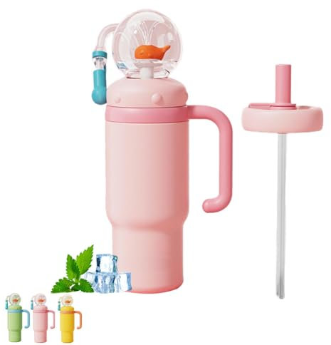 24oz Stainless Steel Whale Fountain Tumbler with Handle, Cute Fountain Tumbler Kids with Fun Fountain Effect, Two Lids, Spill-Proof, Dishwasher Safe for Kids, Teens, And Adults (Pink 710ML)