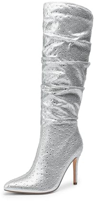 DREAM PAIRS Knee High Boots for Women, Sexy Pointed Toe Stiletto High Heel Slouchy Suede Tall Boots,Size 4,Silver-Rhinestone,SDKB2422W