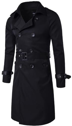 aromm Mens Trench Coat Slim Fit Double Breasted Long Windbreaker Jacket with Adjustable Belt