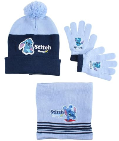 Disney Stitch Kinder Winterset 3-teilig – Mütze mit Bommel, Handschuhe & Schlauchschal – Offizielles Lizenzprodukt – Größe 54/56 – Blau