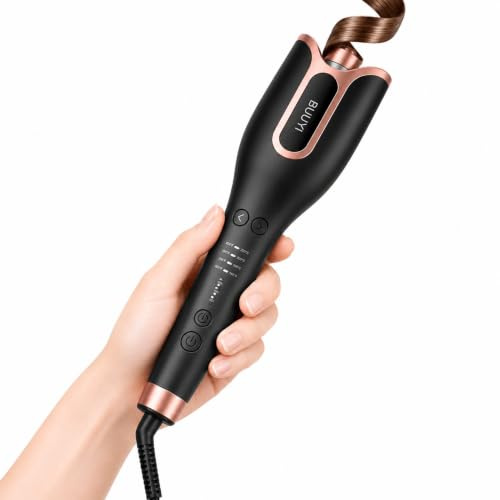 BUJIYI Rizador de Pelo Automatico, con Protección Anti-Quemaduras, Ajuste de Temperatura y Tiempo, Antienredos, para Todo Tipo de Cabello, Ondas Estilo Salón,(Negro intenso)