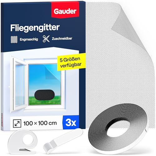 GAUDER Fliegengitter Fenster, Insektenschutz ohne Bohren (3 Stk, 100x100cm) | Insektenschutz für Fenster, Fenstergitter aus Polyester mit Klettband, Mückennetz, Fliegennetz, Moskitonetz Fenster, schwarz