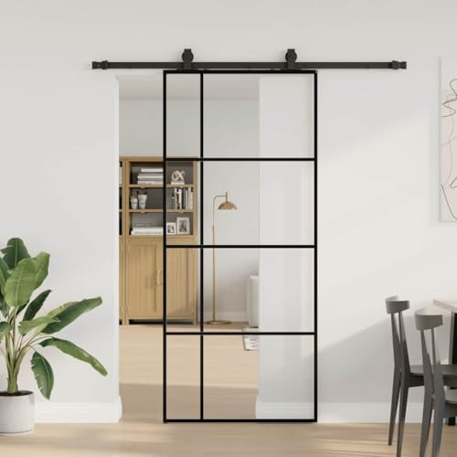 Versear Porta Scorrevole Vetro, Porte Interne, Porta Scorrevole con Binario Esterno, Porta Scorrevole con Ferramenta in Vetro ESG Nera 90x205 cm