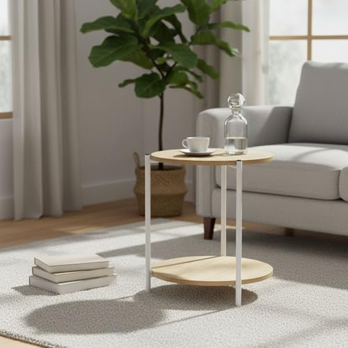 INDE MOBLEKIT | Mesa Auxiliar Metal y Madera Blanca 40x42 cm, Mesita Auxiliar Redonda de Doble Altura, Mesa para Salón o Dormitorio, Mueble Auxiliar Funcional para Hogar Moderno