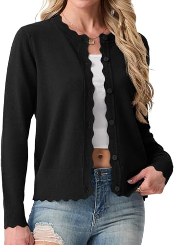 GRECERELLE Cardigan court pour femme avec col rond et boutons - Léger - Manches longues - Cardigan décontracté - Ourlet côtelé - Cardigan pour femme