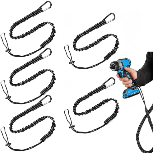 SANTUO 5 Pcs Tool Tether, Black Safety Lanyard with Spring Carabiner and Adjustable Loop, 90-130cm Stretch Length for Fall Protection When Working at Heights, Maximum Load 10KG/22LBS