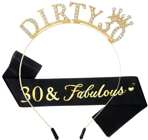 Apausvcm Dirty Thirty 30. Geburtstags Tiara 30 & Fabulous Schärpe 30 Geburtstag Frauen Deko Schärpe und Tiara Gold Dirty Thirty 30. Geburtstag Kopfschmuck für Geburtstagsgeschenk Partyzubehör