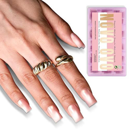 NOVO OVO Short Square Nail Tips 150Pcs Cat Eye, Light Pink Sharp Square Gel X Nail Tips, Glossy Finished with Top Coat, Full Cover Fake Nails No C Curve for Home DIY Typing Scenario, 15 Sizes