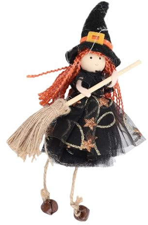 FILFEEL Adorno de Muñeca de Bruja Colgante – Pequeña Figura Decorativa de Bruja con Falda de Gasa y Escoba de Tilo para Puerta, Ventana, árbol, Decoración de Fiesta de Halloween (Black)