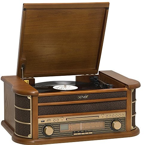 Denver MCR-50 – Giradischi Vintage con Lettore Vinili, Radio AM/FM, CD, Cassetta, USB MP3 – Giradischi Vinile con Casse Integrate – Gira Dischi per Vinili Retrò