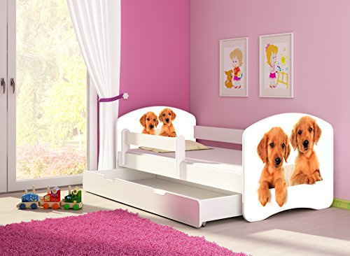 CLAMARO 'Fantasia Weiß' 140 x 70 Kinderbett Set inkl. Matratze, Lattenrost und mit Bettkasten Schublade, mit verstellbarem Rausfallschutz und Kantenschutzleisten, Design: 39 Welpen Zwillinge