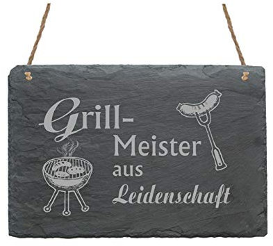 Schiefertafel « GRILLMEISTER AUS LEIDENSCHAFT » Schild mit Motiv Bratwurst - Größe ca. 22 x 16 cm - Türschild BBQ Garten Terrasse - Grill Grillen Imbiss Grillprofi