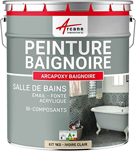 Peinture BAIGNOIRE LAVABO : Résine Salle de Bain pour Baignoire émail, acrylique et fonte - 1 kg (jusqu'à 3 m² en 2 couches) Ivoire Clair - RAL 1015 - ARCANE INDUSTRIES