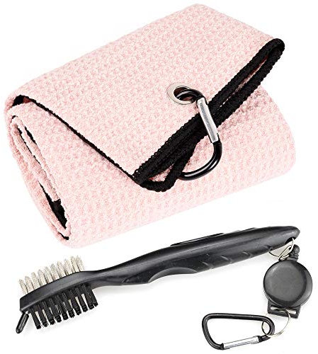 Mile High Life Microfiber Waffle Pattern Tri-fold Golf Towel | Brush Tool Kit with Club Groove Cleaner, Retractable Extension Cord and Clip (Pink Towel+Black Brush)
