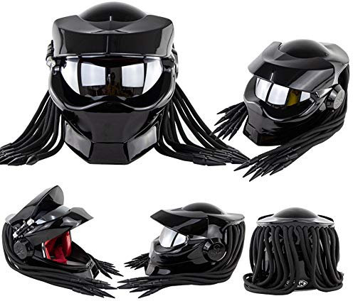 Motorradhelm, Predator Integralhelm Mit LED-Leuchten Und Versilberten Linsen, Unisex ABS-Material Schale EPS-Pufferschicht,Schwarz,M