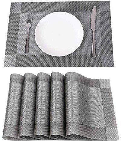 Place mats set of 6,Table Mats Non-slip Heat Resistant Dining Kitchen Table Mats Washable Crossweave Woven Vinyl table mats set of 6 (11.8 in x 17.7 in)(Silver)