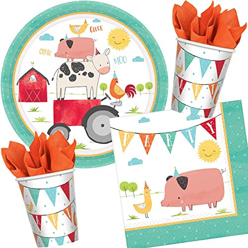 33-TLG. Party-Set * Bauernhof & Traktor * mit Teller, Becher, Servietten und Deko für Kindergeburtstag und Farm Mottoparty | Kinder lieben diesen Bauernhoftiere zum Geburtstag und Party